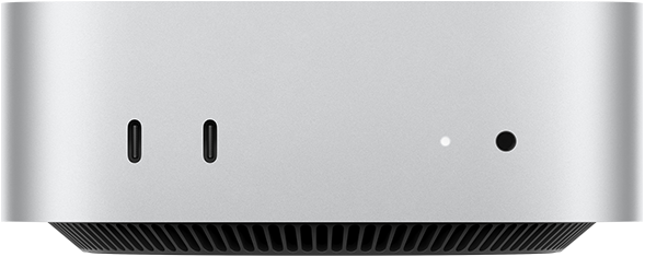Mac mini, Vorderseite, zwei Thunderbolt Anschlüsse, Statusanzeige und Kopfhöreranschluss, schmal zulaufende Basis unten, flache Oberseite, gerundete Ecken, gerade Kanten, Farbe Silber